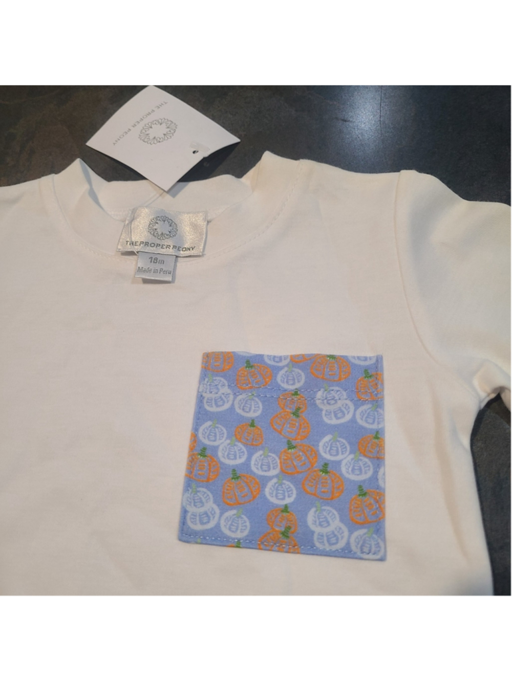 NEW Proper Peony Boutique Boys Shirt Size 18m Long Sleeve Pumpkin Patch Pocket T - Picture 2 of 5